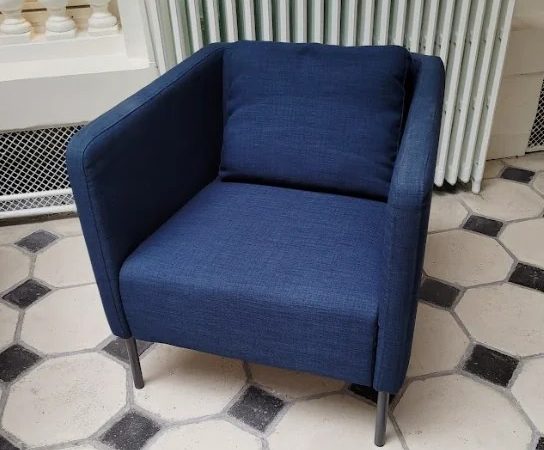 Fauteuil en tissus bleu et accoudoirs ORIANE - OCCASION – Image 2